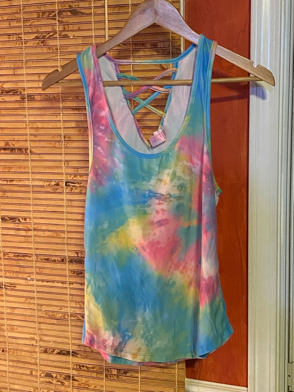 No Boundaries Women's Tie-Dye Crisscross Back Tank - Blue, Pink, Yellow, Green
